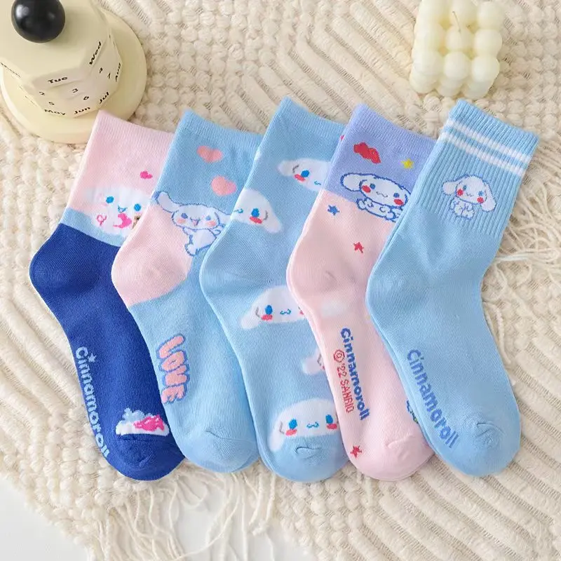 

5pairs Sanrio Cinnamoroll Cartoon socks women's blue combed cotton midtube stockings cute puppy stockings