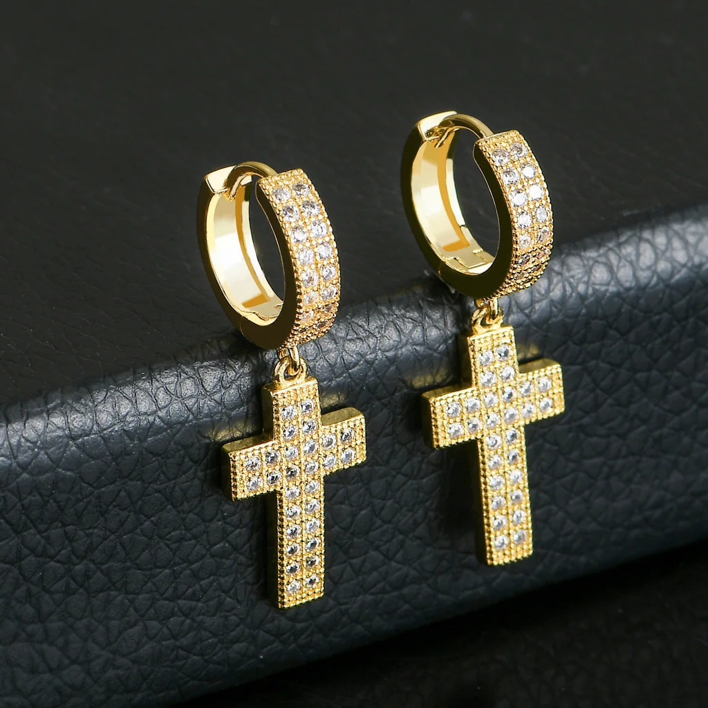 Double row moissanite cross earrings with micro inlaid moissanite hiohop personalized men's earrings hip-hop earrings