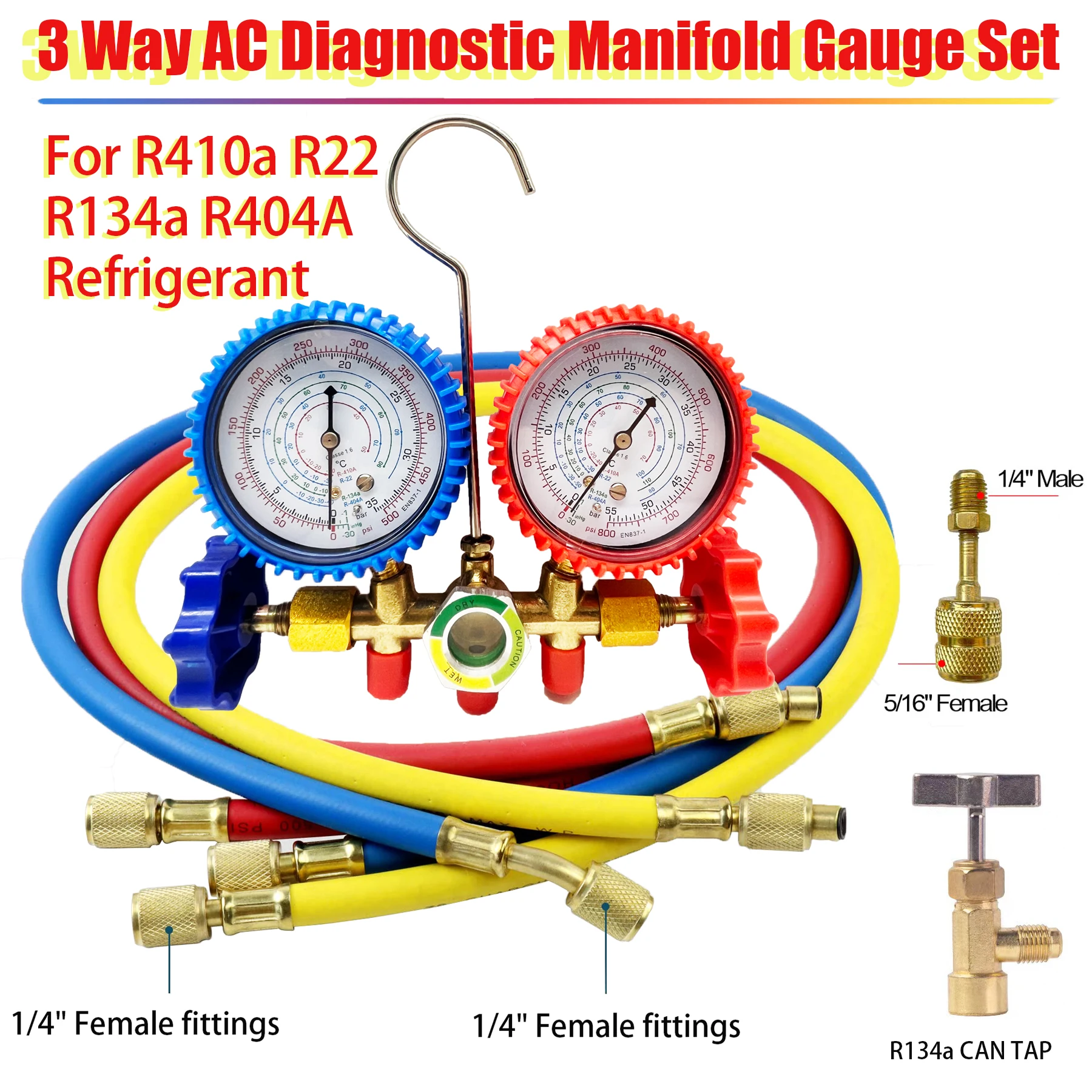 3 Way AC Manifold Gauge Set with Hoses Couplers & Adapter Refrigerant AC Gauges Automotive AC Gauge Set for R410 R22 R404A R134A