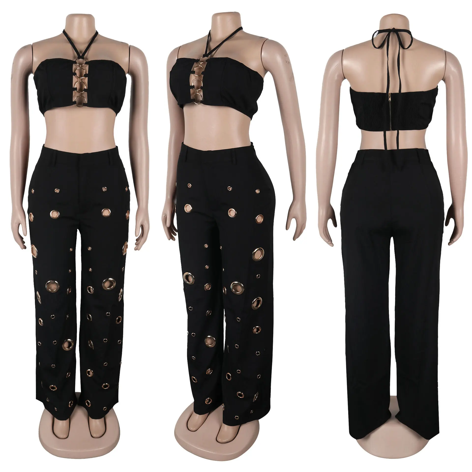 Metal Ring Hollow Out Two Piece Set Women Sexy Strapless Lace Up Halter Backless Crop Tops + Wide Leg Pants Casual Street Suits