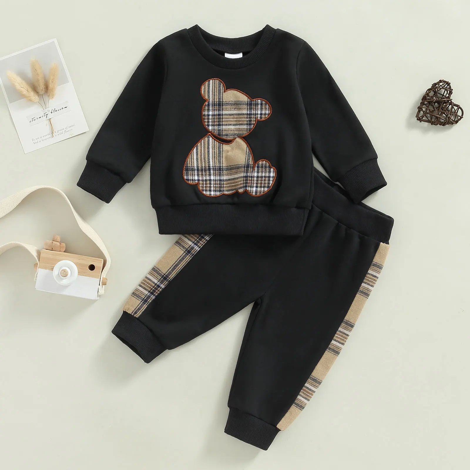 

Baby Girls Boys Pants Set Long Sleeve Crew Neck Bear Sweatshirt with Elastic Waist Plaid Sweatpants