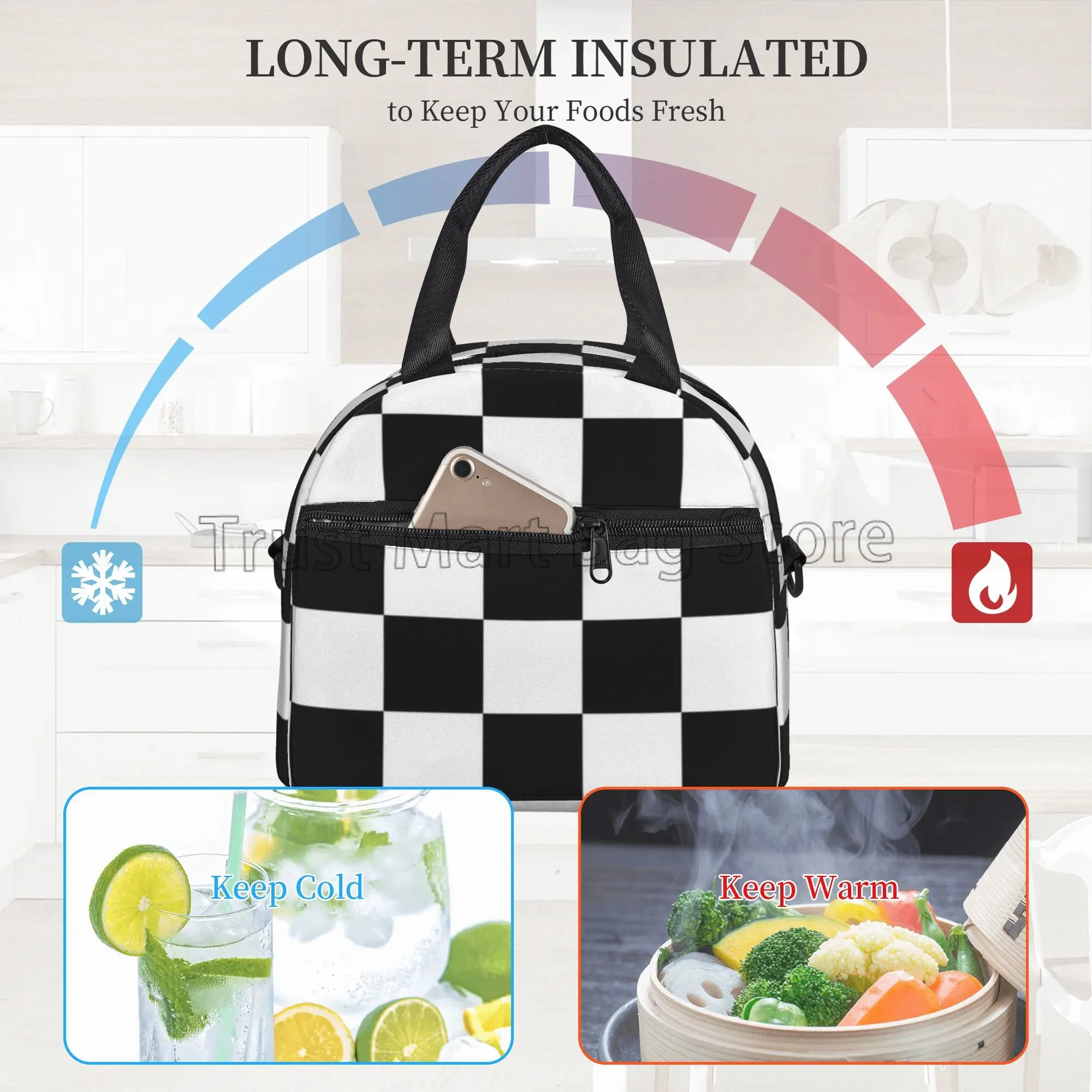 Black White Checkered Print Lunch Bag Checkerboard Reusable Insulated Tote Bag Lunch Container with Adjustable Shoulder Strap