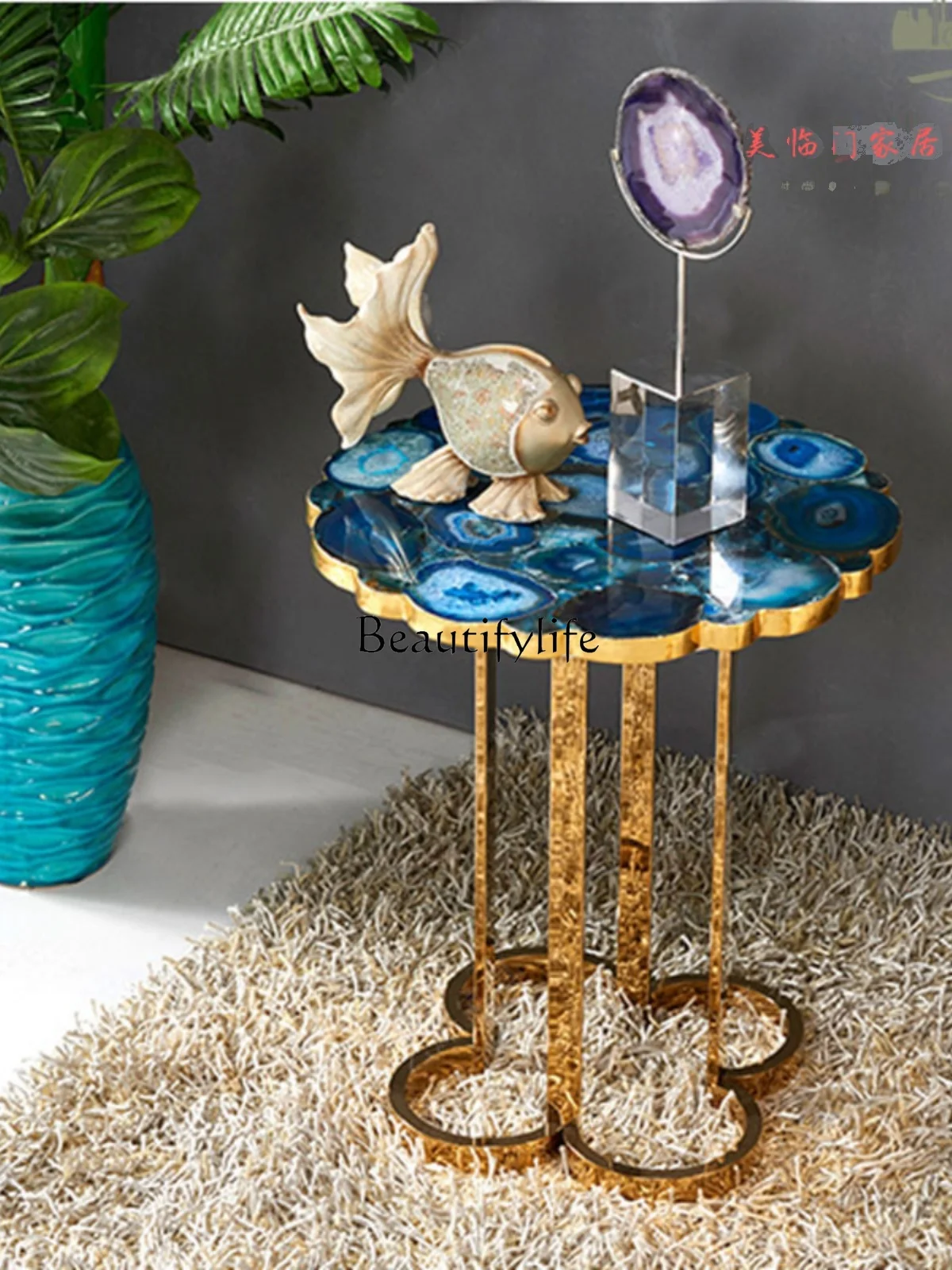 Natural Agate Stone Surface Corner Table Light Luxury Stainless Steel Living Room Square Table Golden, round Coffee Table