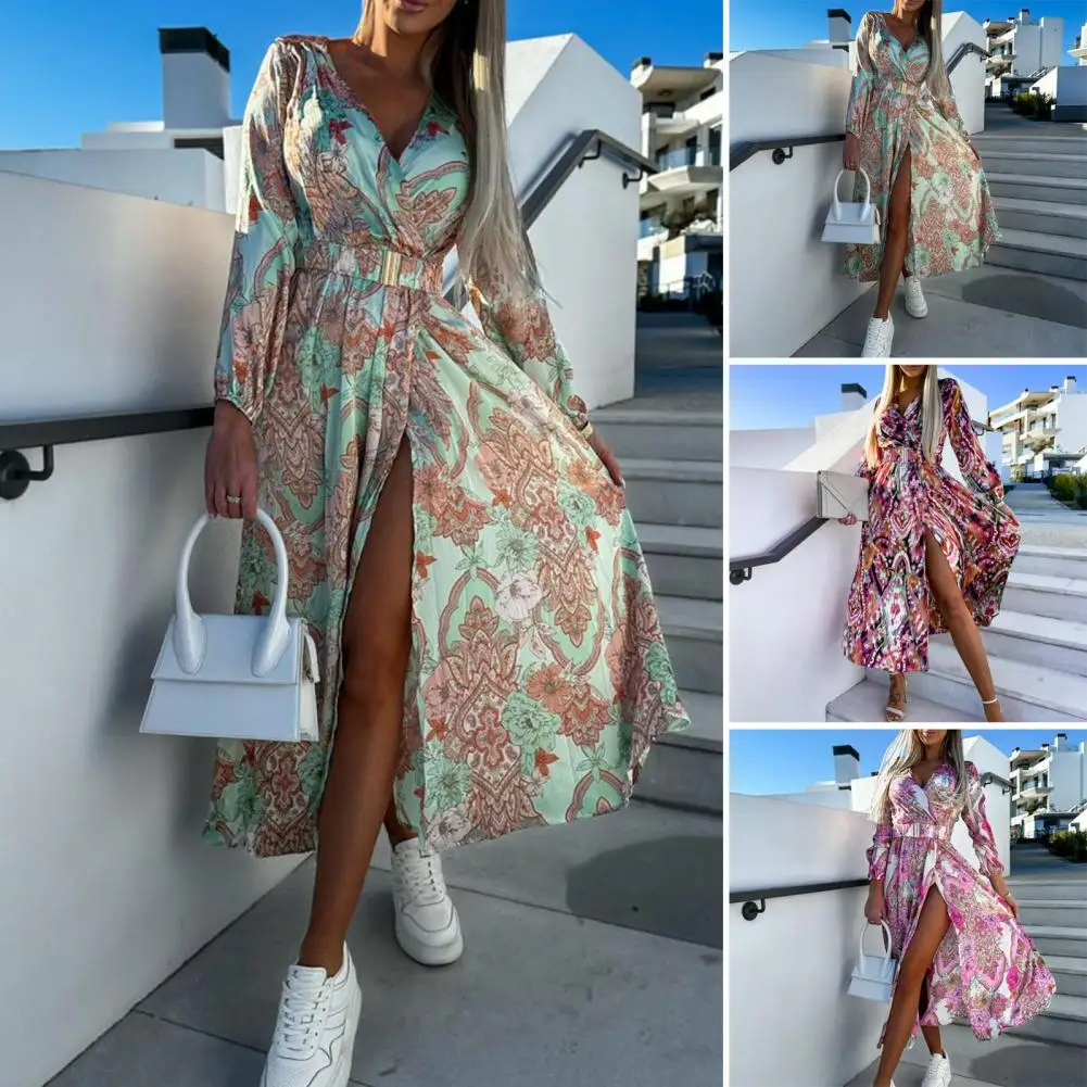 

Popular Retro Bohemia Print Casual Dress Belted Women Summer Dress Boho Style Print Maxi Dress Vacation Wear