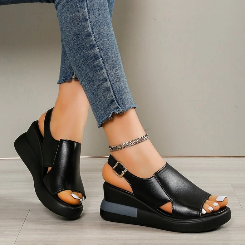 2024 Women\'s Platform Wedge Sandals New Summer High-heeled Fish Mouth Women\'s Shoes Soft Leather Heightened Platform Shoes