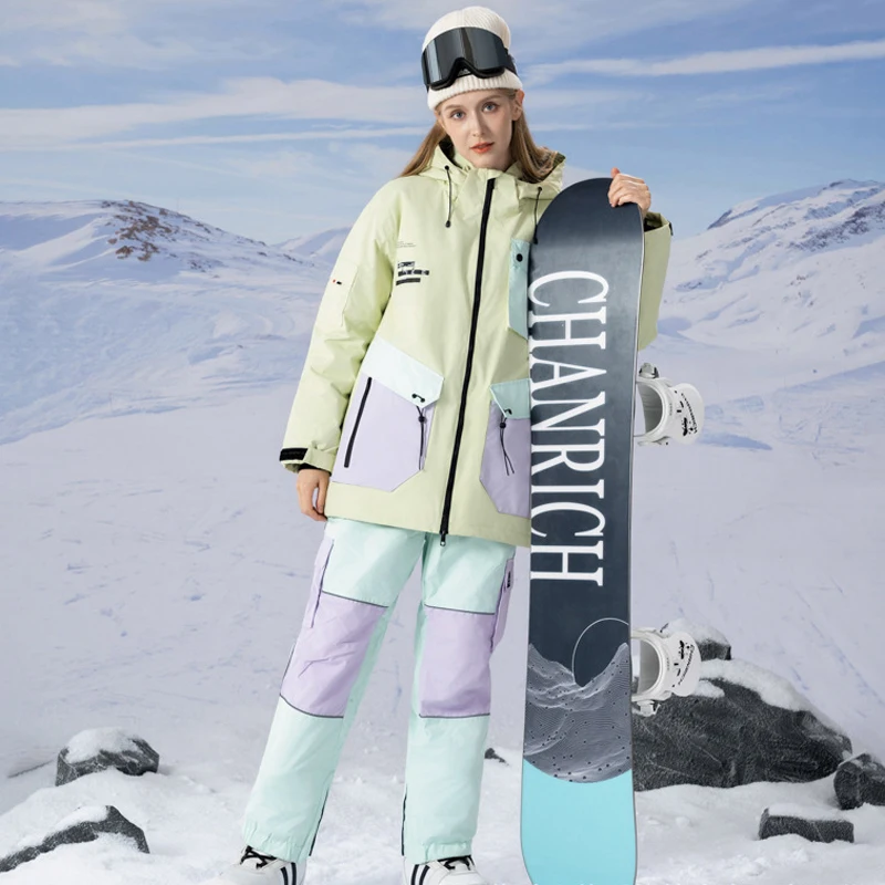Fashion Colors Man's or Women's Ice Snow Suit Sets Snowboarding Clothing Ski Costumes Waterproof Winter Wear Jackets Strap Pants
