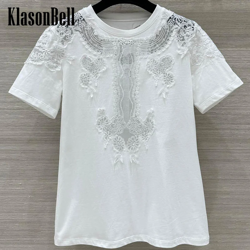 1.19 KlasonBell Fashion Sexy V Sheer Mesh Lace Embroidery Flower  Spliced Cotton Short Sleeve Casual T-Shirt For Women