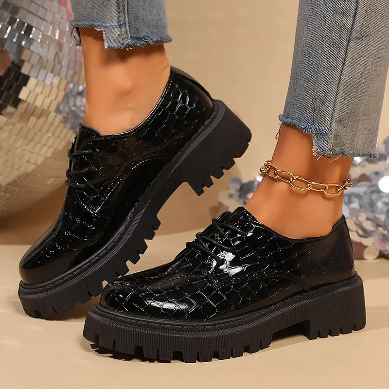 Zapatos Oxford con plataforma gruesa de Color liso para mujer, zapatos de charol con cordones a la moda, zapatos elegantes Preppy con punta redonda de talla grande