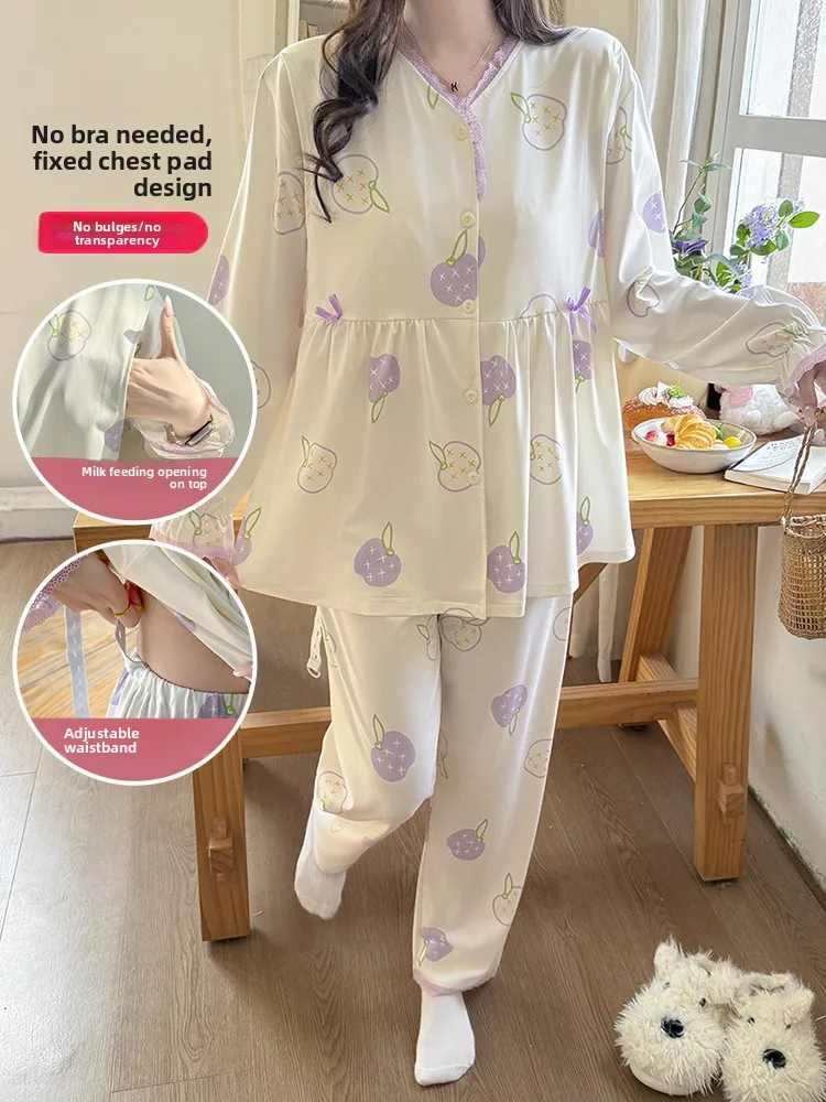 v-neck-maternity-sleepwear-women's-spring-summer-thin-cardigan-with-chest-pad-home-set-adjustable-pants-nursing-design