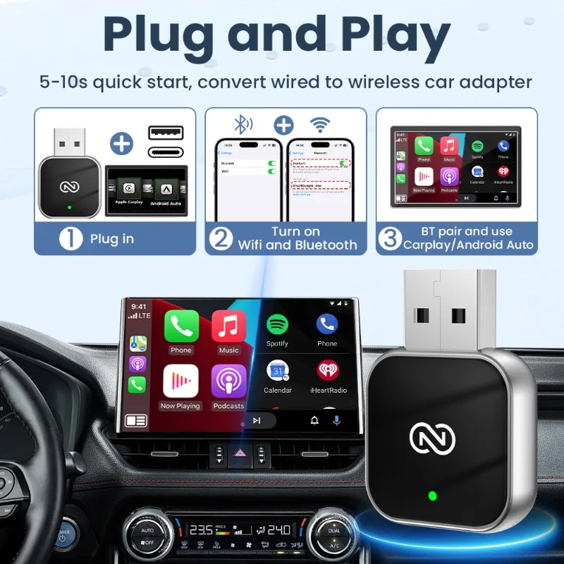 Adattatore Carplay wireless 2 In1 Android Auto Smart USB Dongle Plug and Play per GMC Audi Porsche MG Opel Chery Hyundai