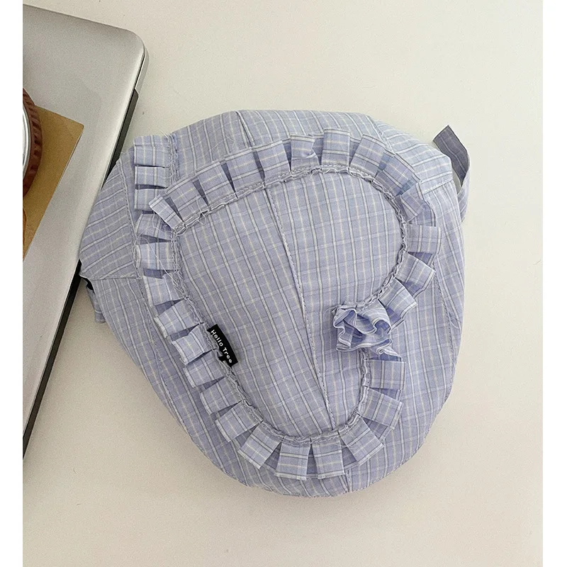 

Korean Version Blue Lace Love Forward Hat Spring and Summer Sweet Plaid Short Brim Sunshade Literary and Versatile Newsboy Cap