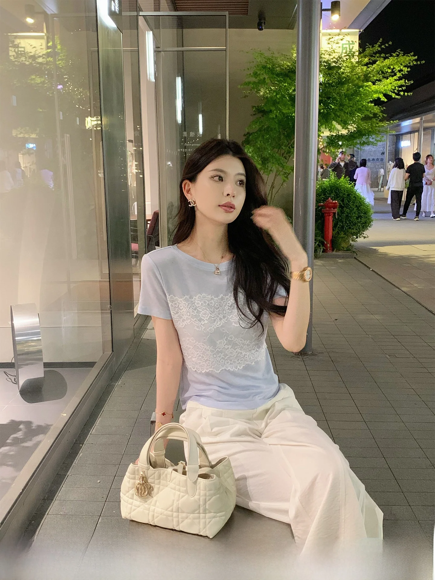 

Blue Lace Splice Slim Fit Short Sleeve T-Shirt Women's Casual Style KingUsefulNatual Brand Summer New Fashion Top