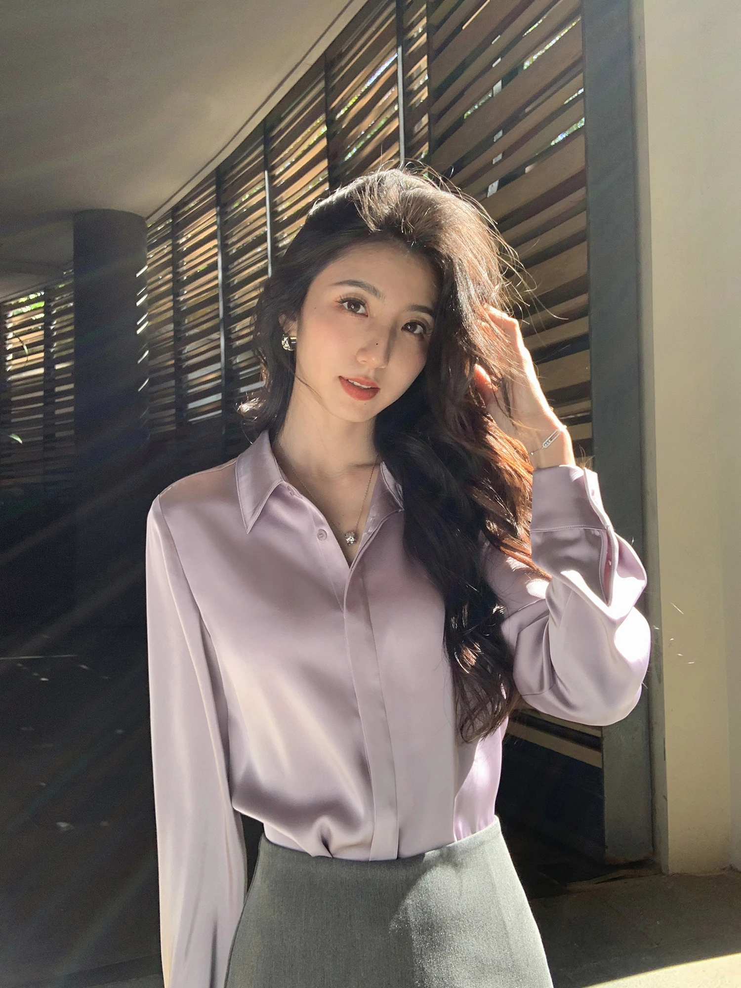 

Mulvan Ele Satin Long Sve irt Women's Loose Casual Commute Purple irt Luxury Feel Casual Sle Polyester Fiber