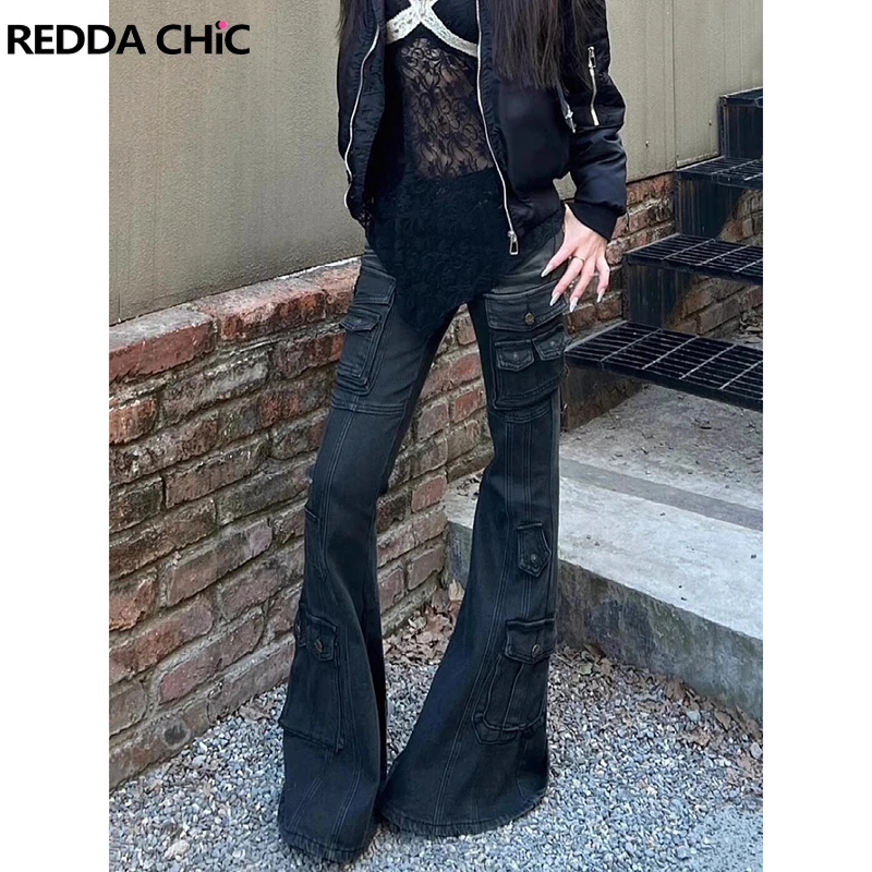 ReddaChic Vintage Whiskers Cargo Pants Women Denim Distressed Slim Fit Low Waist Flare Jeans Bell Bottoms Grayu Y2k Streetwear