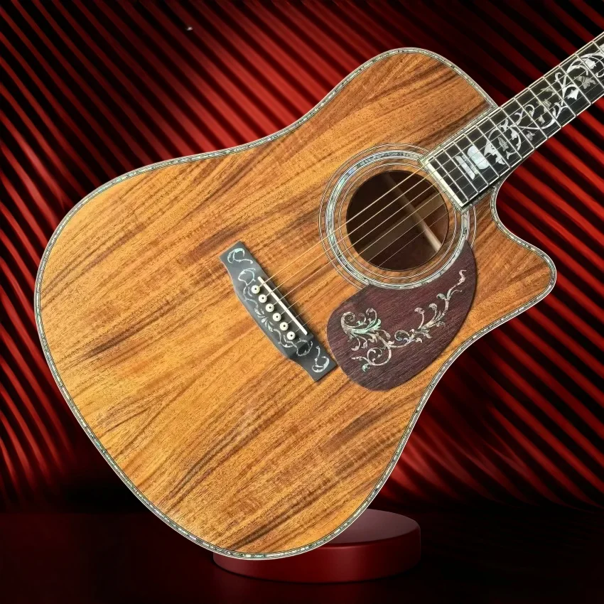 D45 Dreadnought Cutaway Koa Acoustic Folk Guitar Tree‑of‑Life Inlay Gloss Wood Grain Acoustic Guitar Advanced Adult Players