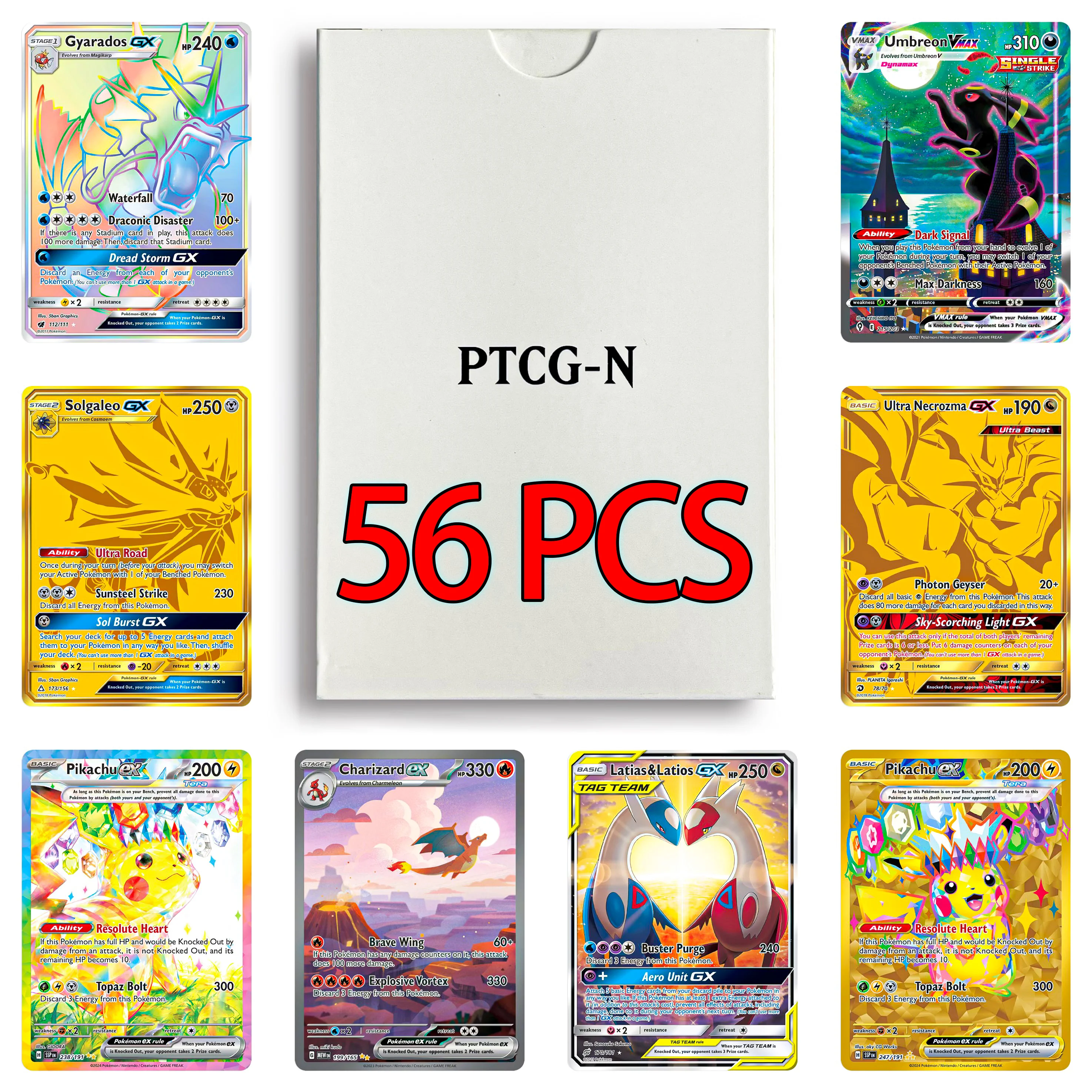 caja-de-56-cartas-coleccionables-ptcg-mixtas-raras-tag-team-doradas-holograficas-gyarados-umbreon-charizard-cartas-de-juego-tcg-sin-duplicados