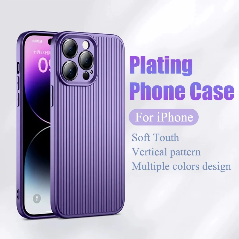 Soft Liquid Silicone Case For Apple iPhone 15 13 14 12 Pro Max Vertical Pattern Camera Lens Protection Full Cover Shockproof