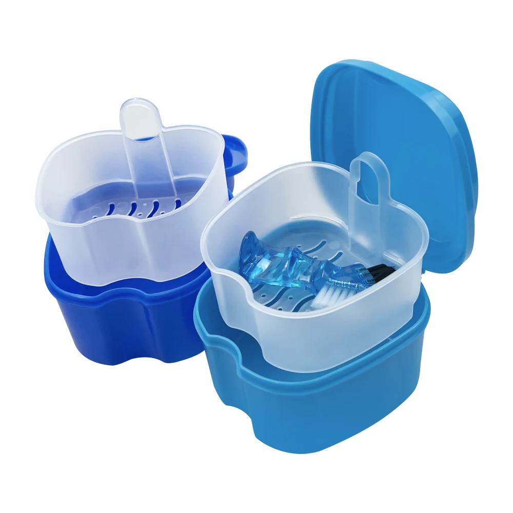 Denture Bath Box Dental False Teeth Storage Box With Hanging Net Container Artificial Tooth Case Orthodontic Retainer Case