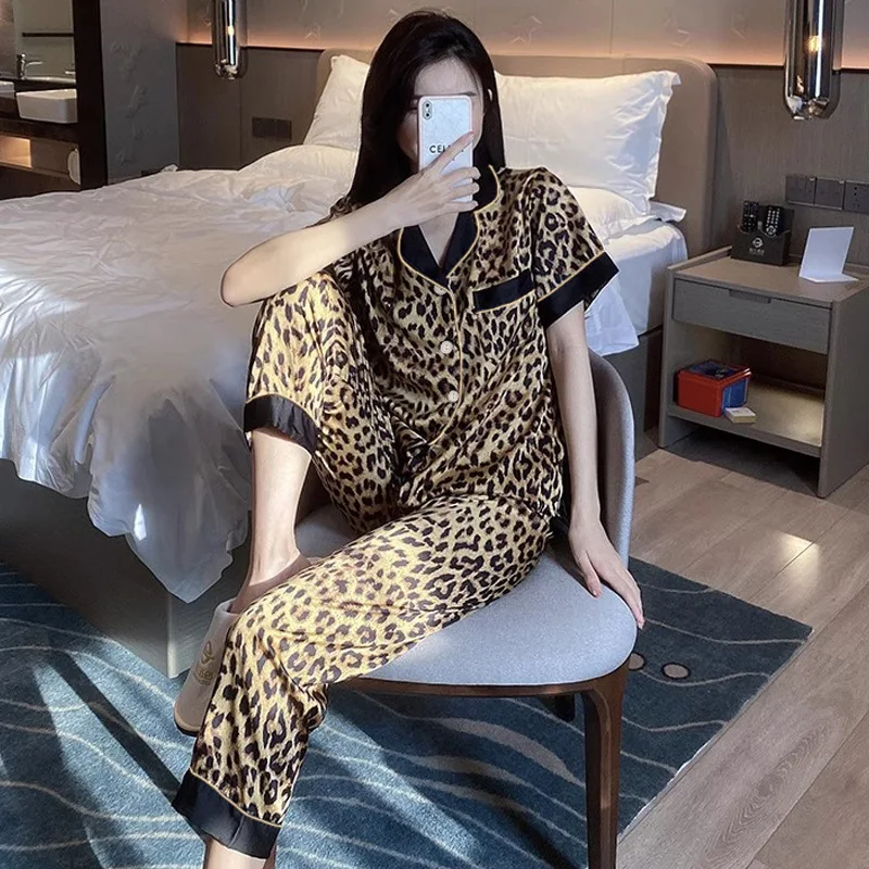 Ms. Senior Light Luxury Wind Ice Silk Pajamas Homewear Suit New Female Summer Leopard Short-Sleeved Long Pants Homewear