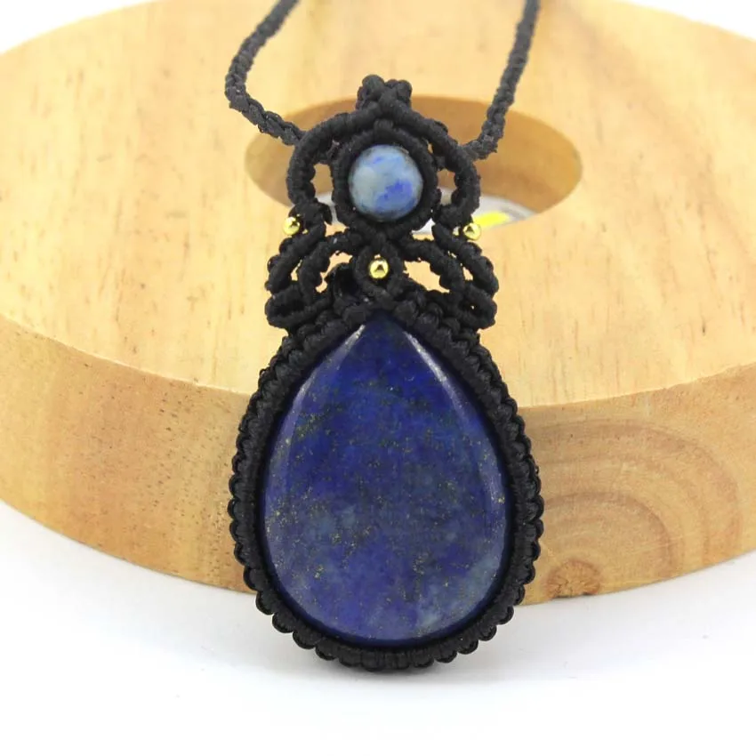 

KFT Natural Water Drop Lapis Lazuli Stone Handmade Thread Rope Wrapped Pendant Braided Macrame Chain Necklace Women Men Jewelry