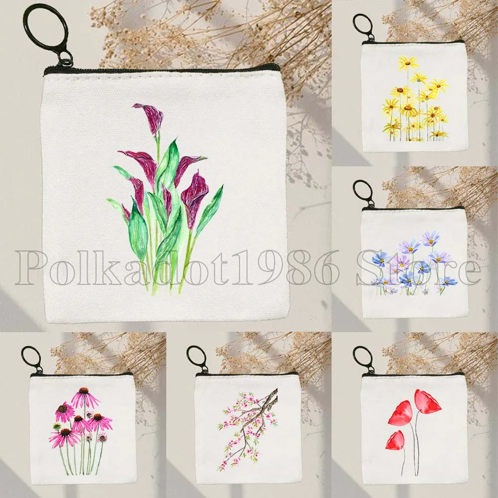 

Bird of Paradise Flowers Yellow Cosmos Lily Peach Coneflower African Violet Lavender Canvas Coin Purse Key Case Bag Wallet Pouch