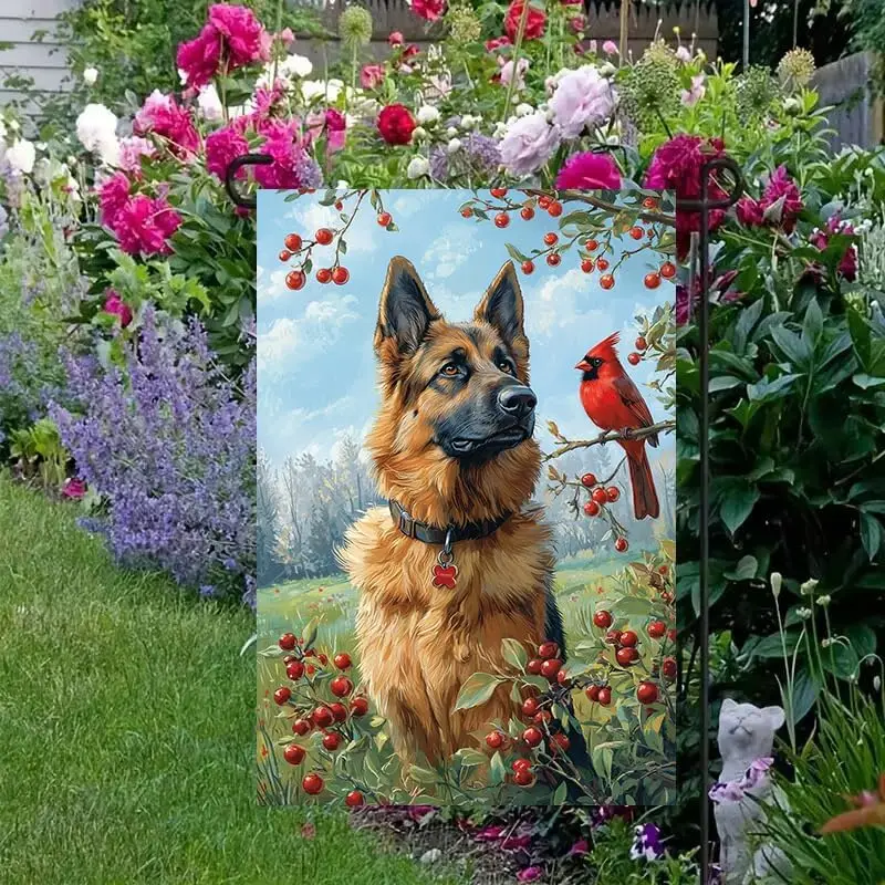 Spring Summer Garden Flags for Outside 12x18 Double Sided, Small Burlap German Shepherd Dog Cardinal Floral Garden Flag Spri jjp