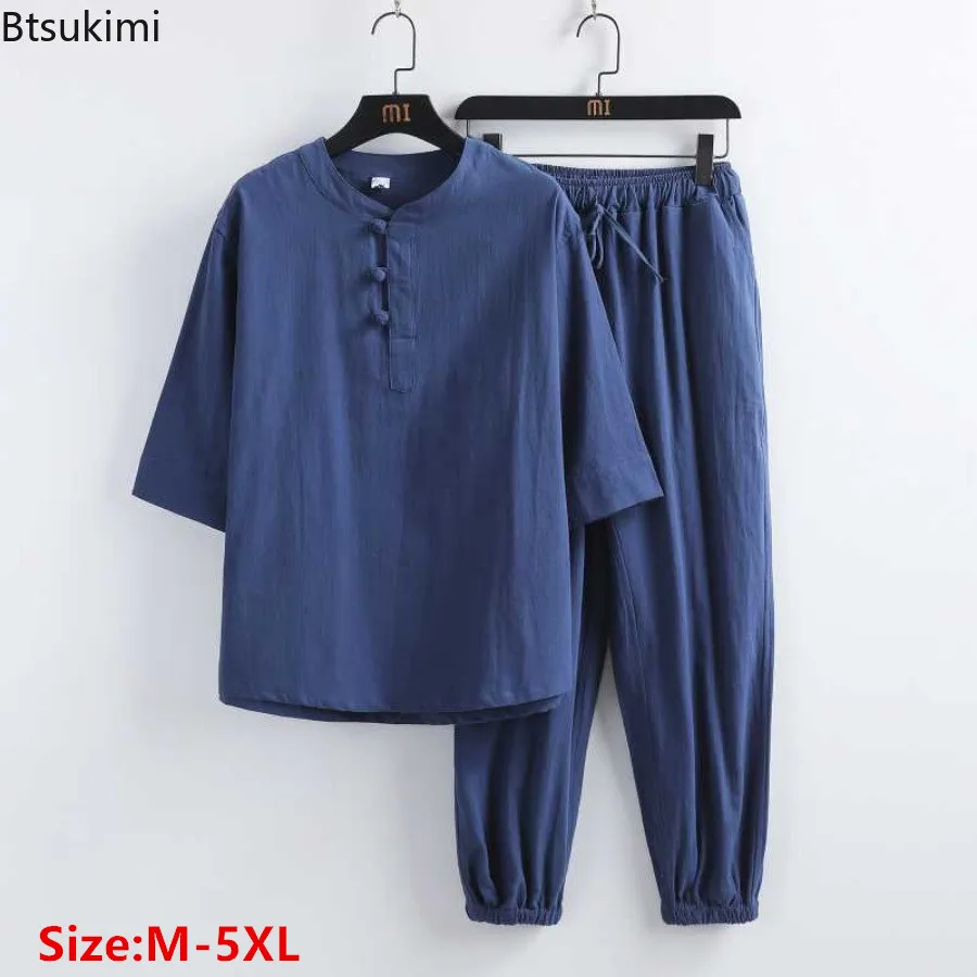 

Chinese Style Zen Tea Shirts Pants Two Piece Sets Men's Solid Casual Kung Fu Uniform Vintage Hanfu Tang Suit Male Large Size 5XL