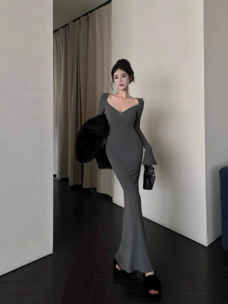 

Grey V-neck Long Sleeved Dress For Women Solid Black Dress Autumn And Winte Waist Fishtail Dress Club Party Dress