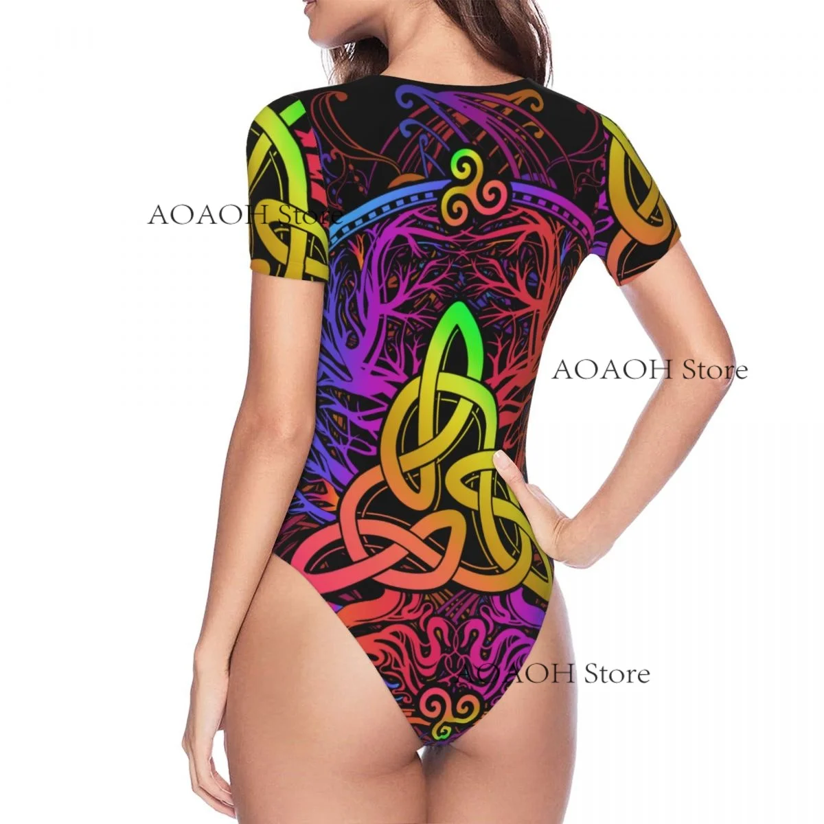 Yggdrasil Tree Of Life Celtic Women's Casual Crewneck Leggings Jumpsuit Tight Sexy Short Sleeved