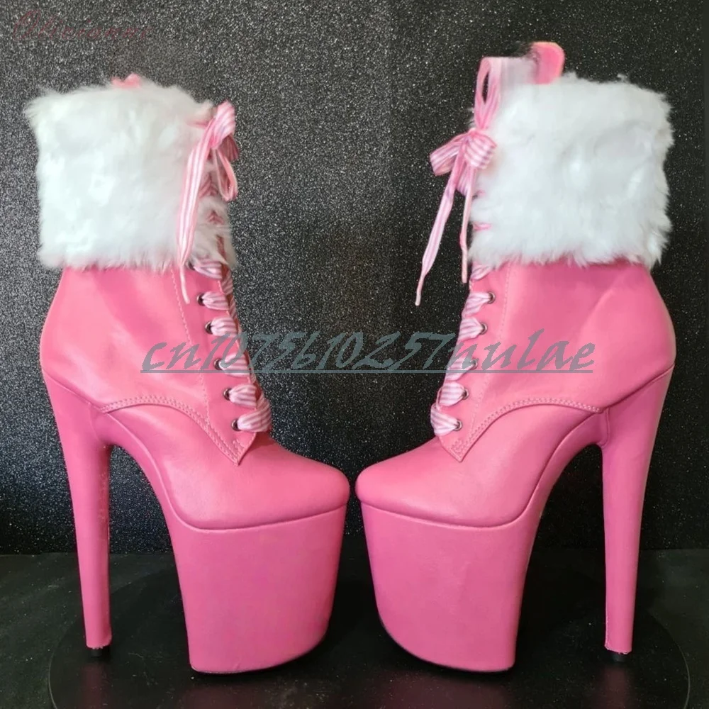 

Pink Faux Fur Decor Ankle Platform Boots Sexy Lace-Up Stiletto Heels for Pole Dance Party Wear Women Shoes Sweet Cute Style