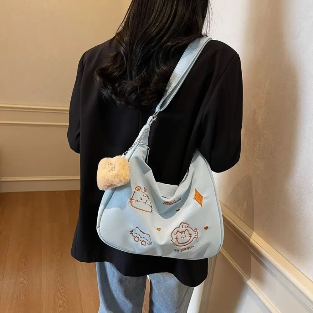 Borsa a tracolla con gatto carino di grande capacità Ricamo Nuova borsa a tracolla con tracolla alla moda Borsa da pendolarismo casual in stile Kawaii