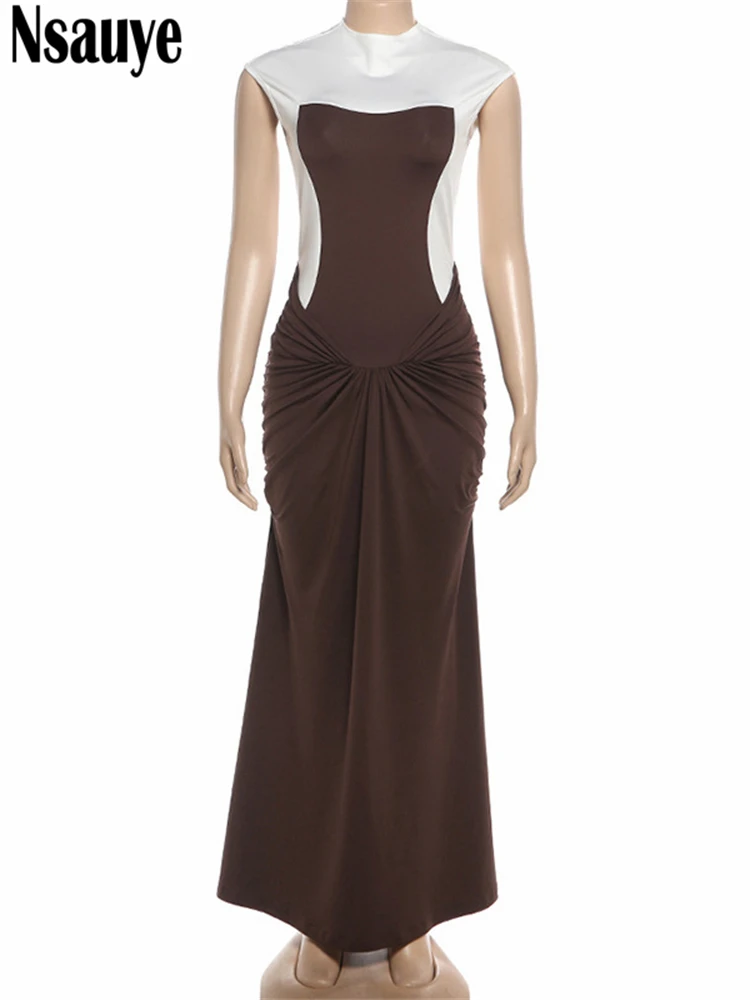 Nsauye 2025 inverno novo sem mangas magro elegante vestidos longos para mulheres ruched moda chique bodycon maxi vestidos clube festa