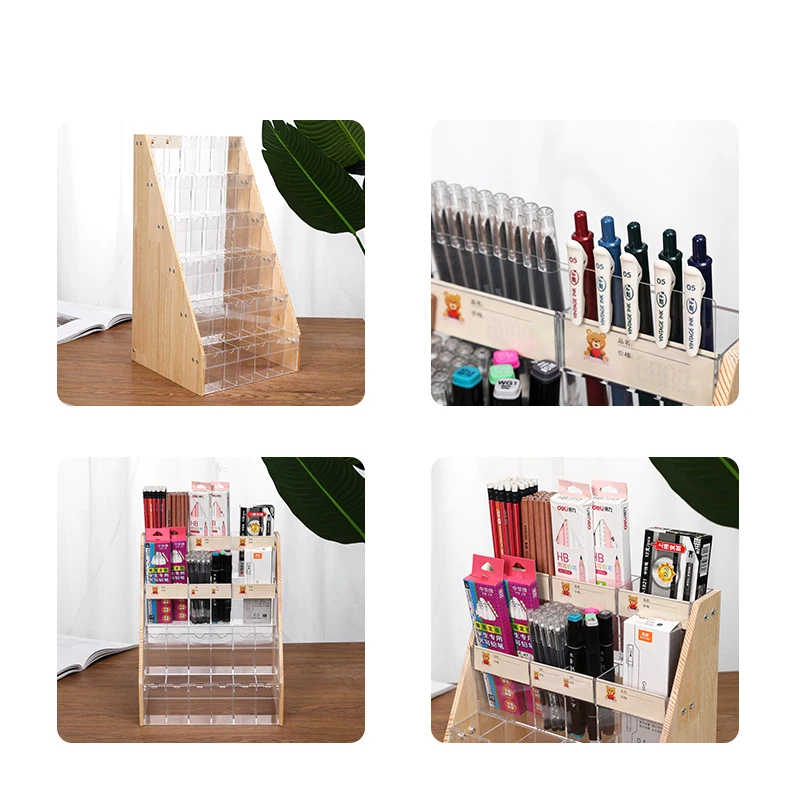 Clear Wood Pen Holder Stationery Store Storage Rack Brush Case Display Stand Desktop Marker Pencil Organizer Supermarket Shelves