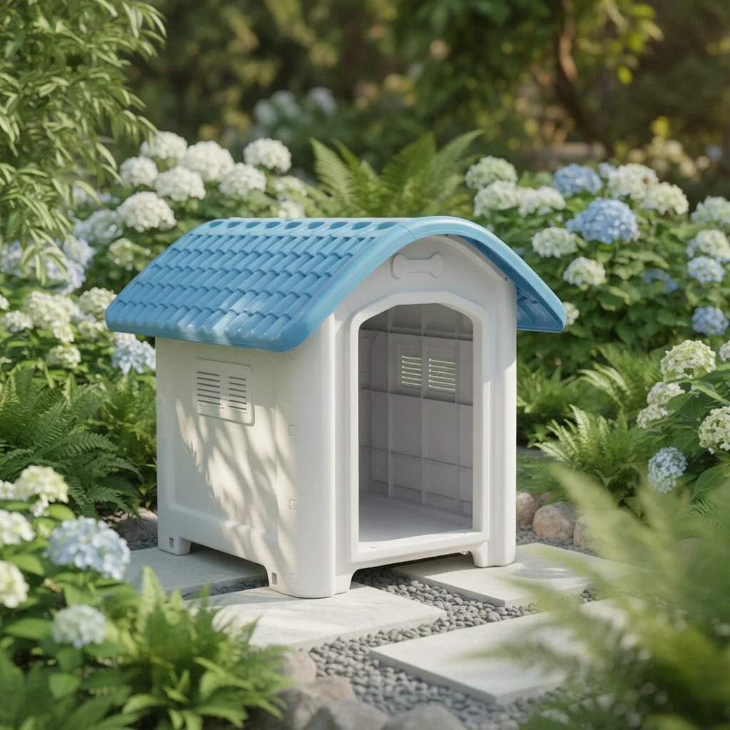 プラスチック製犬小屋、傾斜屋根付き、耐候性ペットケネル、高床式、裏庭用、お手入れ簡単