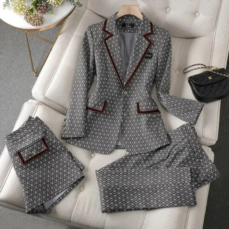 Women Elegant Office Pant Suit Blazer Jacke Coat Top And Short Two Three Piece Set Matching Outfit Winter Autunm Print Clothing