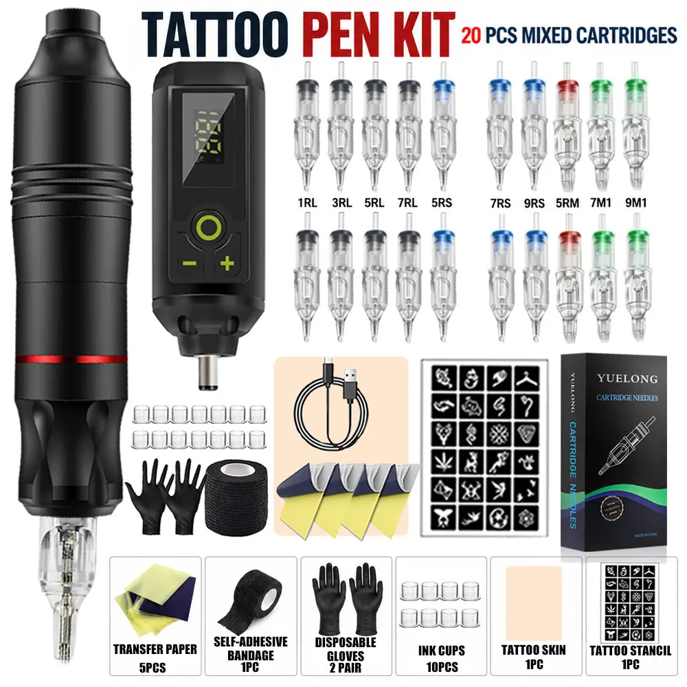 Wireless Tattoo Pen Machine Kit Cartridge Machine Pen with Mix Cartridge Needle Accessories Set for Permanent Makeup Tattoo Kit