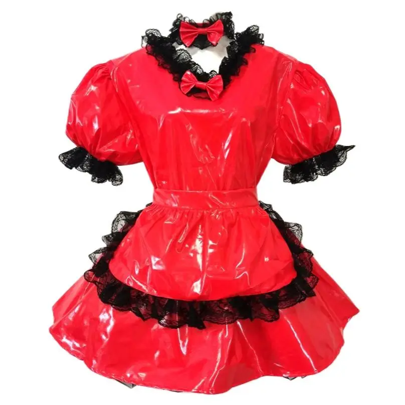 

French Sexy Adult Customized Fetishist Crossdressing Sissy Heart Shaped Lace Neckline PVC Shoulder Loose Dress