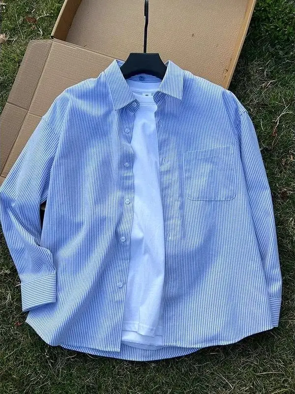 

Синяя мужская рубашка с длинным рукавом, летняя молодежная рубашка с отложным воротником, полосатая, в стиле Cleanfit, верхняя одежда из полиэфирного волокна, с защитой от солнца