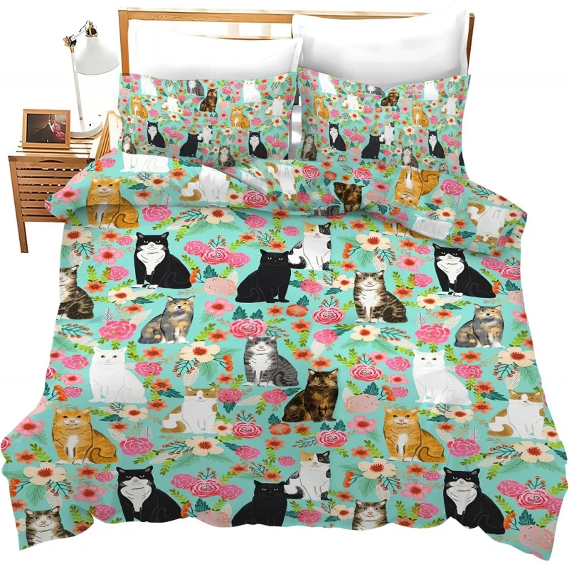 

Flower cat printed bedding set with zipper 3-Piece Set for teenagers with 2 pillowcases, no quilt