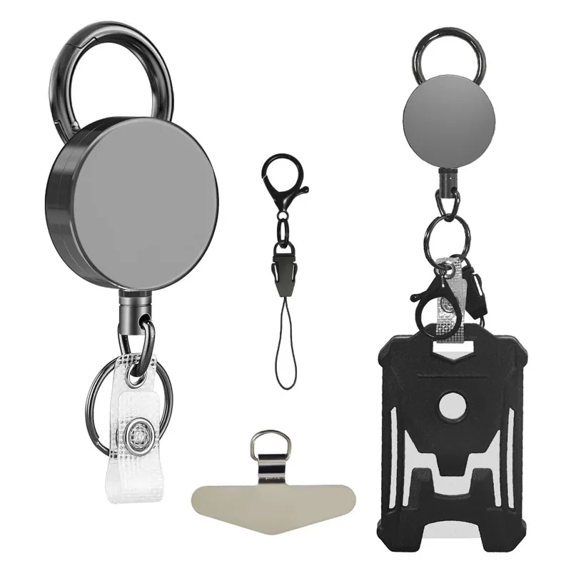 Metal Retractable Badge Reel Set, Comes With ID Connecting Cord & Phone Patch, Hollow Out Card Holder, Multi-purpose Card Sleeve