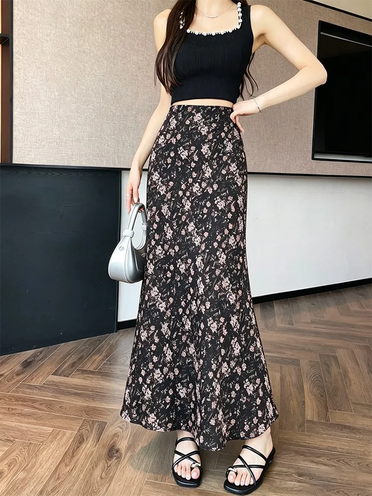 

Elegant High Waist Floral Print Midi Skirt Women's Summer Slim Fit A-Line Half-length Skirt Comfortable Soft Fabric City...