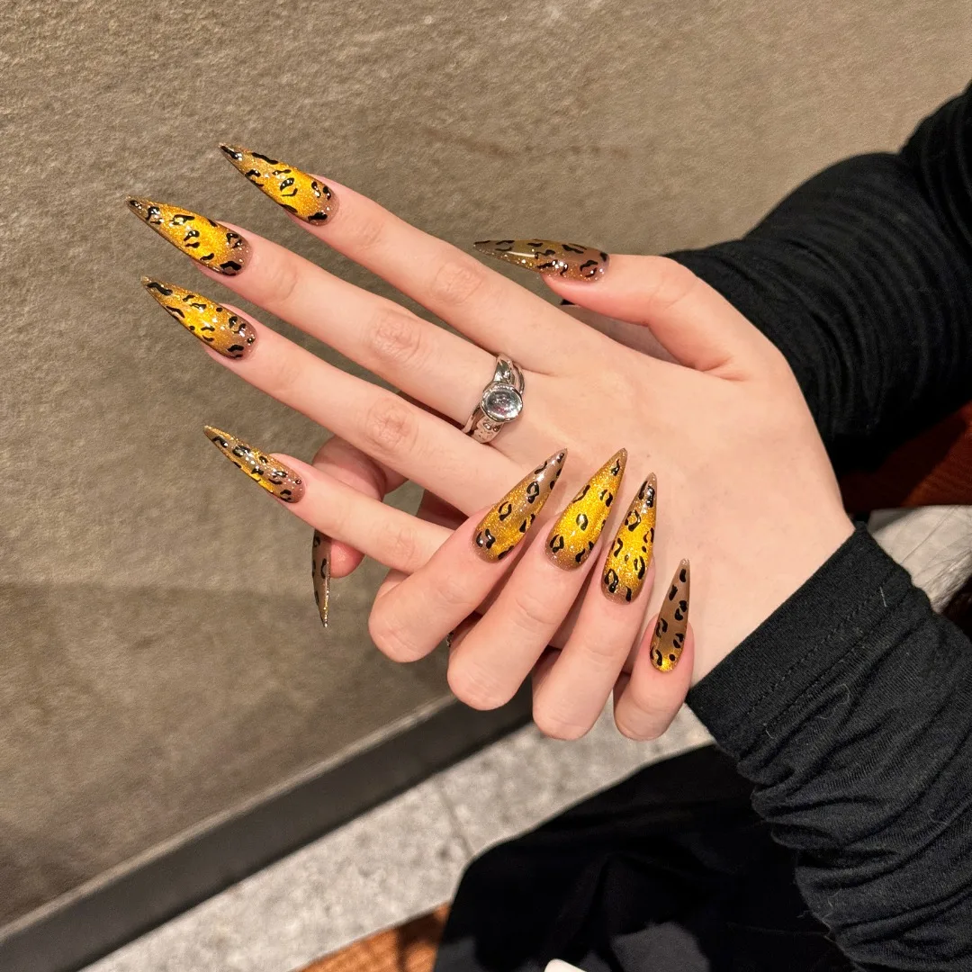 

10Pcs Full Handmade Long Almond Fake Nails Leopard Shiny Cat Eye Nails Press On False Nail Tips Shiny Gold Wearable Reusable