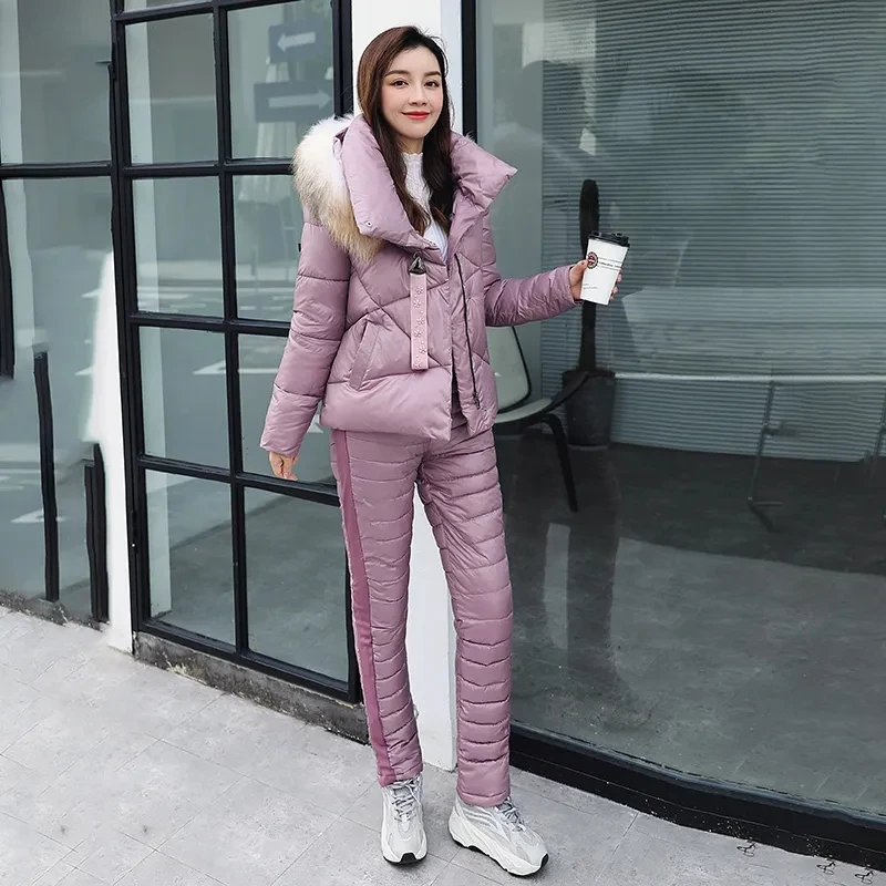 Women Winter Hiking Jacket Pants Suit Fashion Large lapel Fur Collar Warm Two piece Set Slim Outerwear Pants Coat Down Cotton