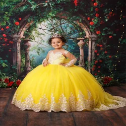 Vestido de niña de flores esponjoso de tren largo amarillo para boda apliques de encaje blanco con lazo vestidos de fiesta de cumpleaños eucarísticos