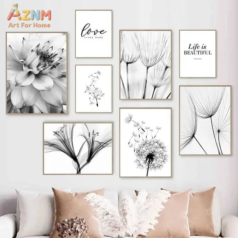 AZNM Black and White Floral Canvas Wall Art Dandelion Dahlia Botanical Print for Minimalist Room Decor