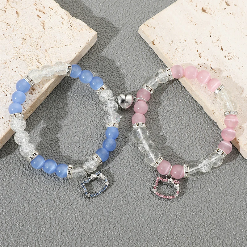 Bracelets en perles évidées de dessin animé, pendentif chat Kt, aimants en forme de cœur créatifs, Attirer les couples, Cadeaux, Mode, Mignon, 2 pièces