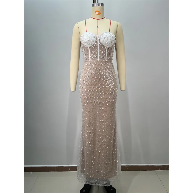 Neue Ankunft Perlen Pailletten Sexy Fishbone Trägerloses Kleid Langes Kleid Europäischen und Amerikanischen Party Abend Hochzeitskleid