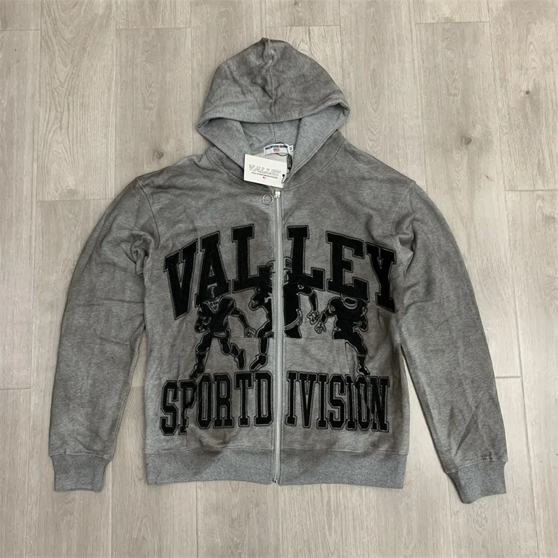 Grey Washed VALLEY Hoodies Men Women Embroidered Logo Vale American Zip Jackets