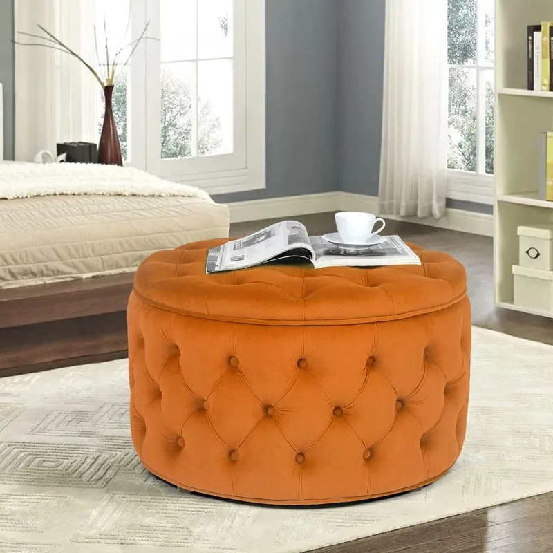 Round Velvet Button Tufted Storage Ottoman Footrest