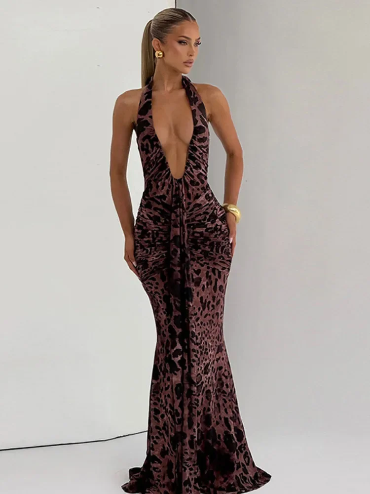 

Leopard Print Backless Sexy Maxi Dress Women Gown Elegant Halter Deep V Neck Sleeveless Bodycon Draped Club Long Dress
